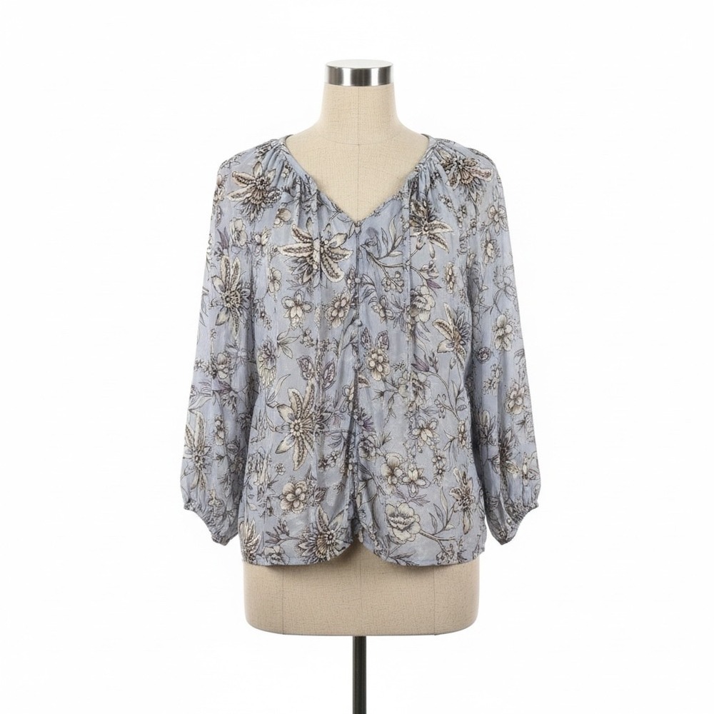 Cupio Floral‎ V-Neck Blouse Blue Metallic Jacquard XL